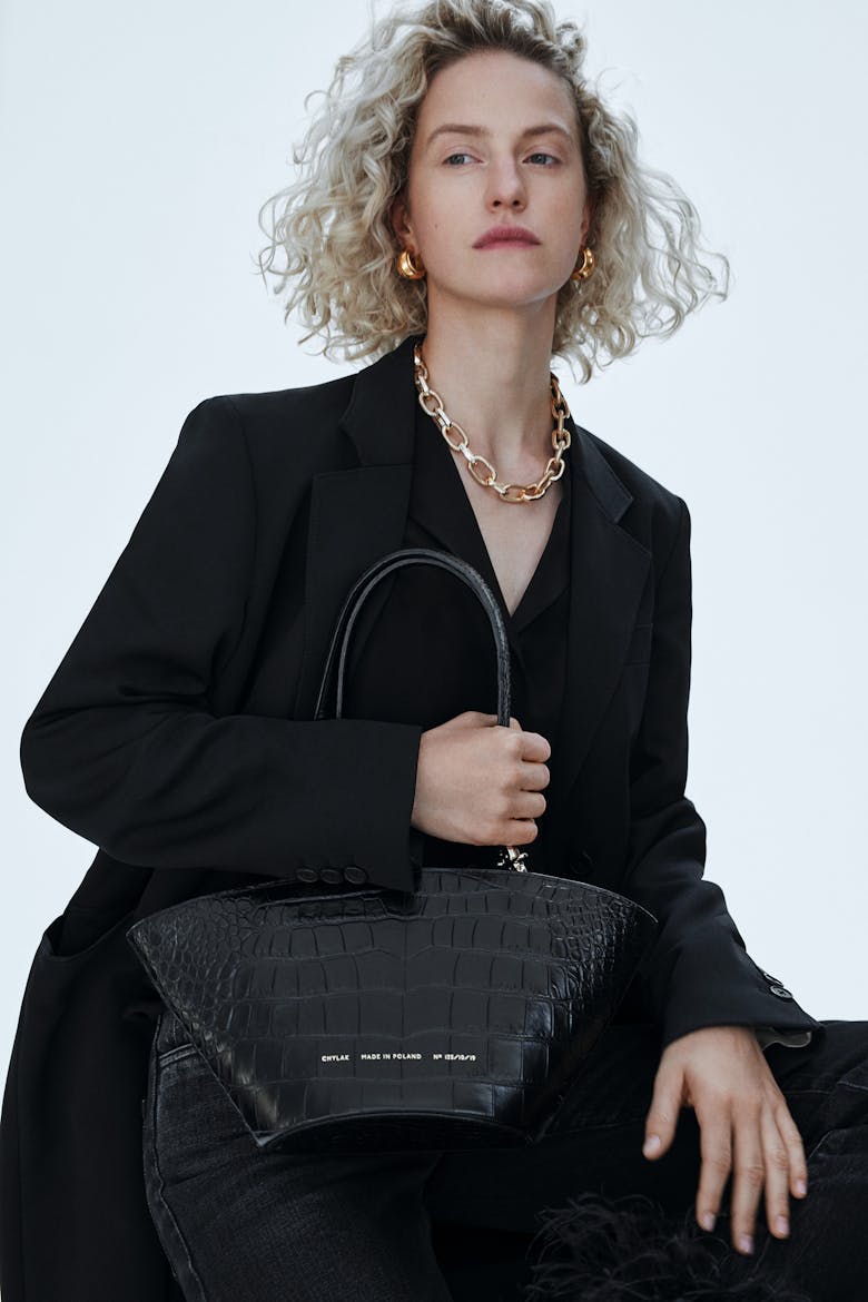 Small Basket Bag “glossy black crocodile”