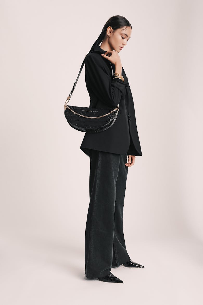 Wide Saddle Bag “glossy black crocodile”