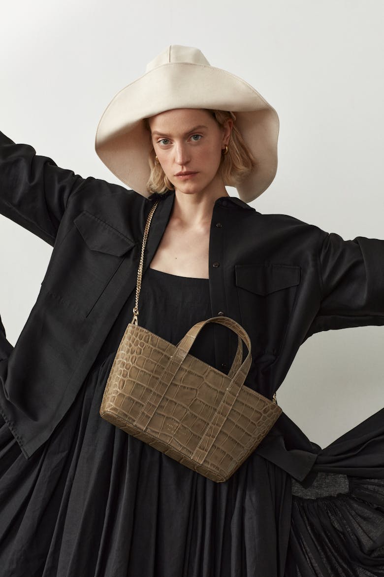 Leather Boat Tote Bag “beige crocodile”