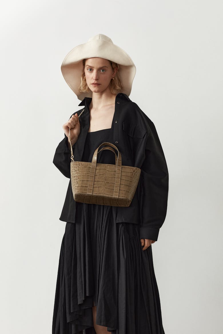 Leather Boat Tote Bag “beige crocodile”