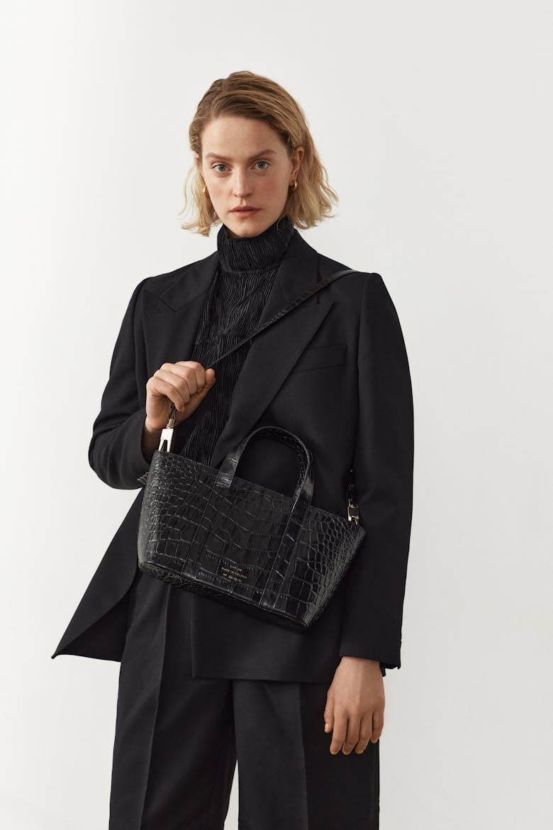 Leather Boat Tote Bag “glossy black crocodile”