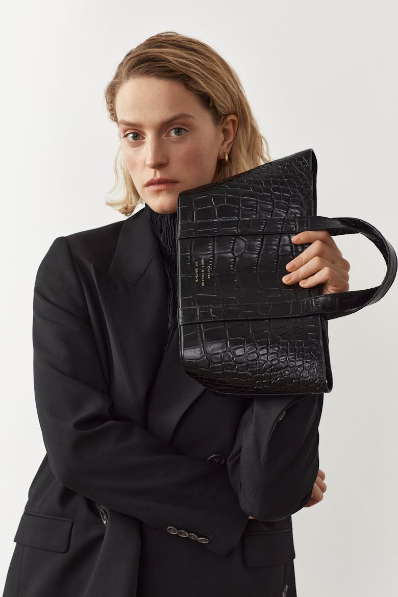 Leather Boat Tote Bag “glossy black crocodile”