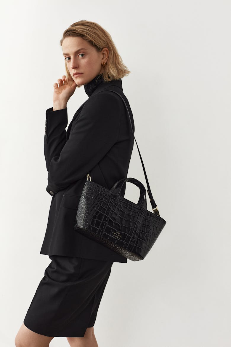 Leather Boat Tote Bag “glossy black crocodile”