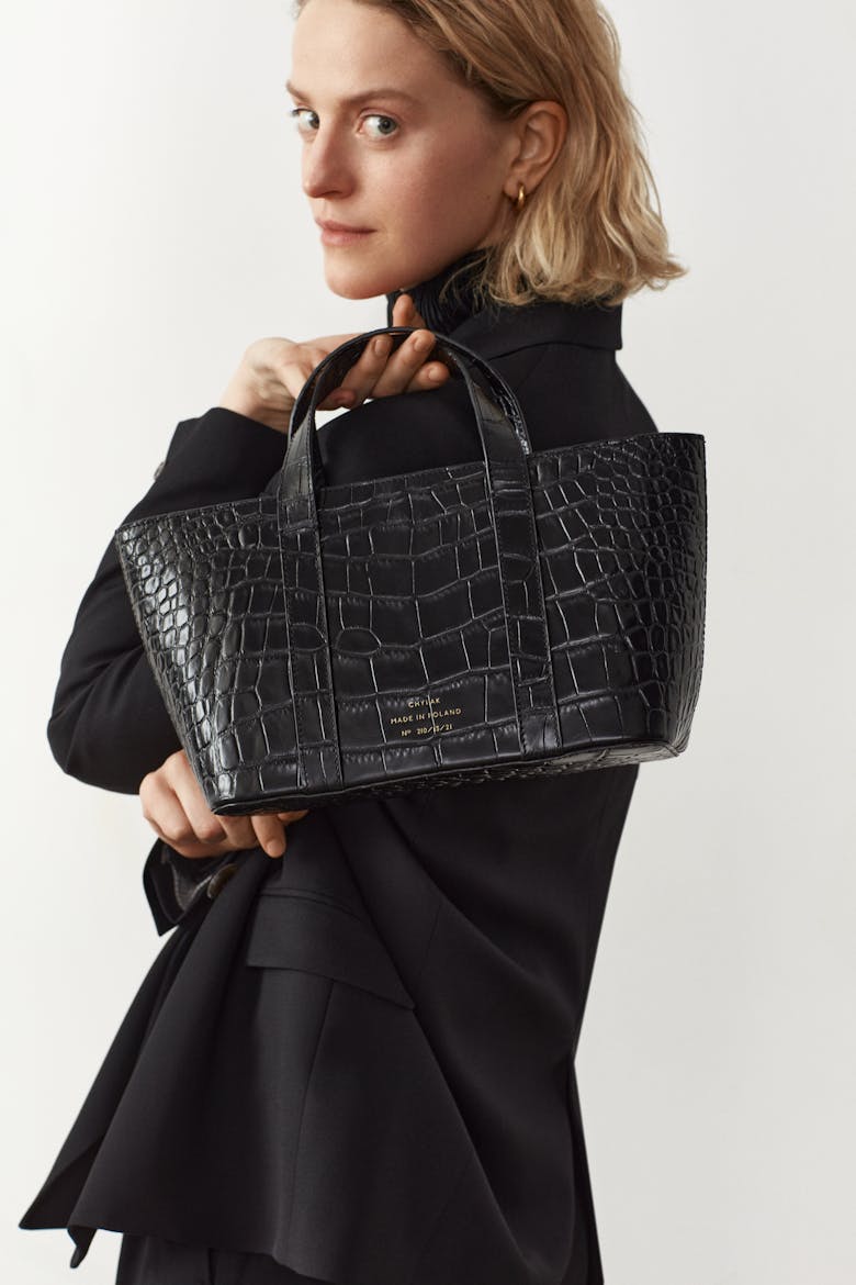 Leather Boat Tote Bag “glossy black crocodile”