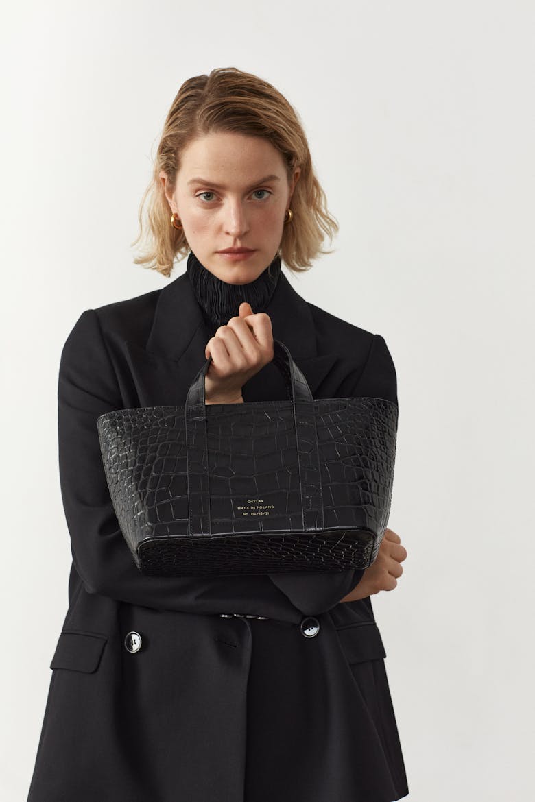 Leather Boat Tote Bag “glossy black crocodile”