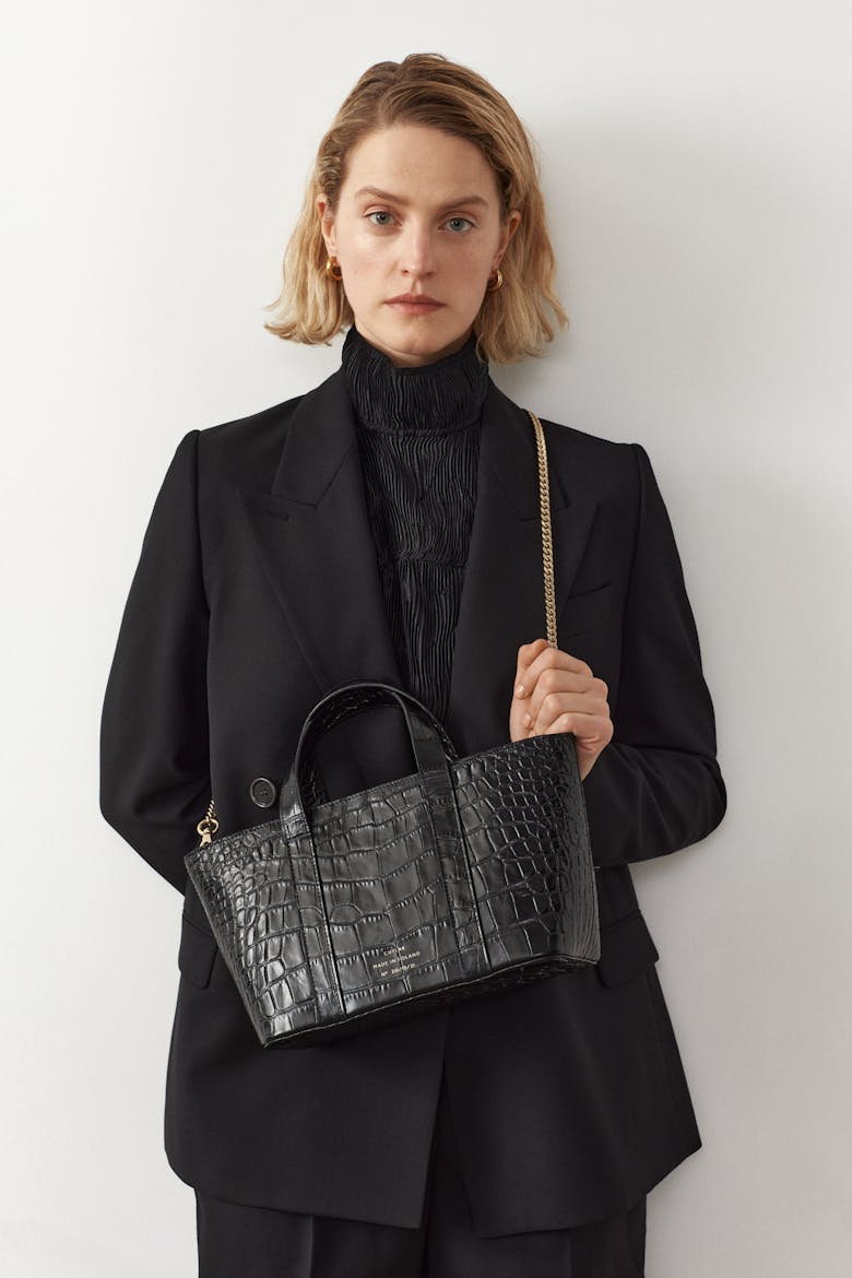 Leather Boat Tote Bag “glossy black crocodile”