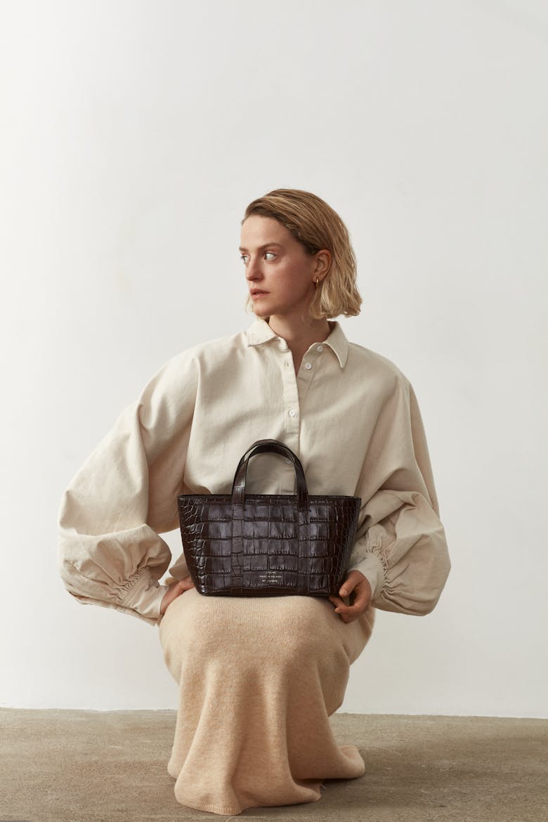 Leather Boat Tote Bag “glossy brown crocodile”