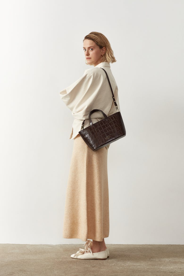 Leather Boat Tote Bag “glossy brown crocodile”