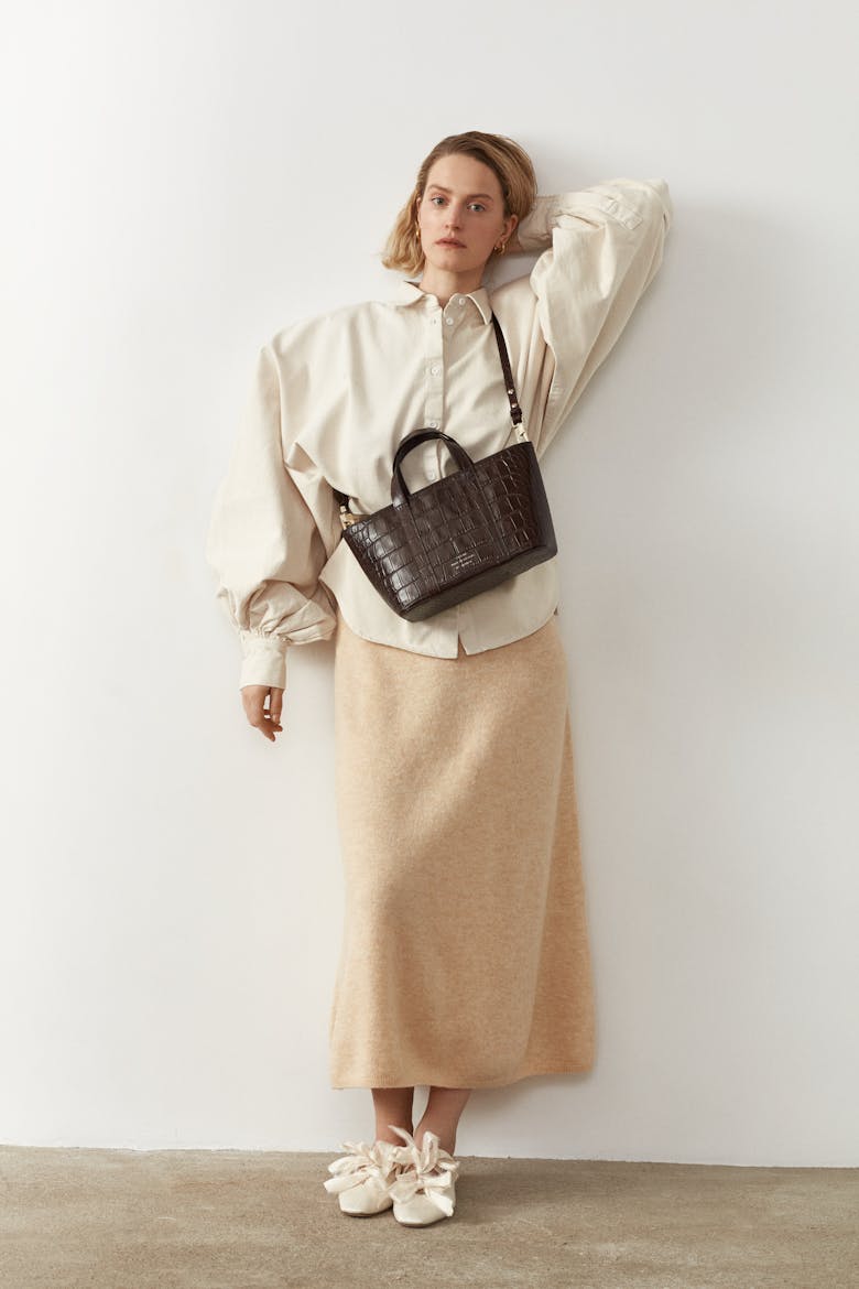 Leather Boat Tote Bag “glossy brown crocodile”