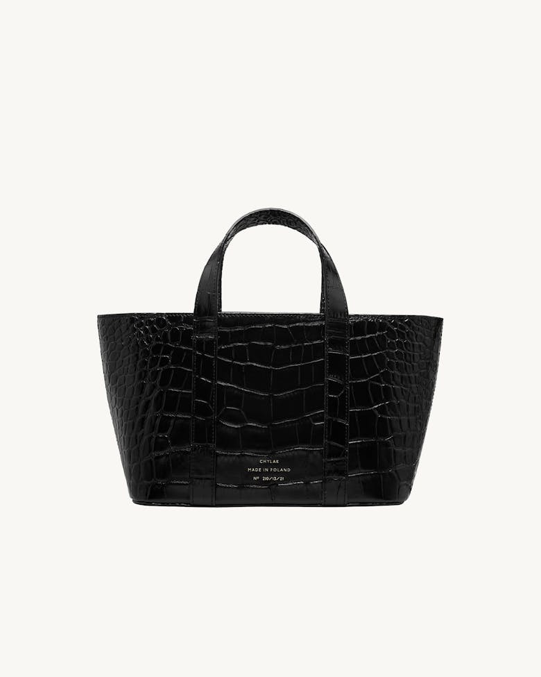 Leather Boat Tote Bag “glossy black crocodile”