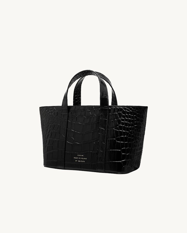 Leather Boat Tote Bag “glossy black crocodile”
