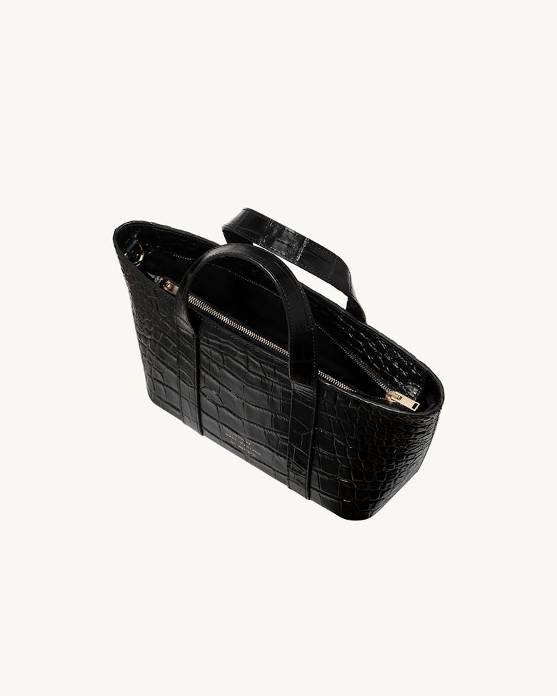 Leather Boat Tote Bag “glossy black crocodile”