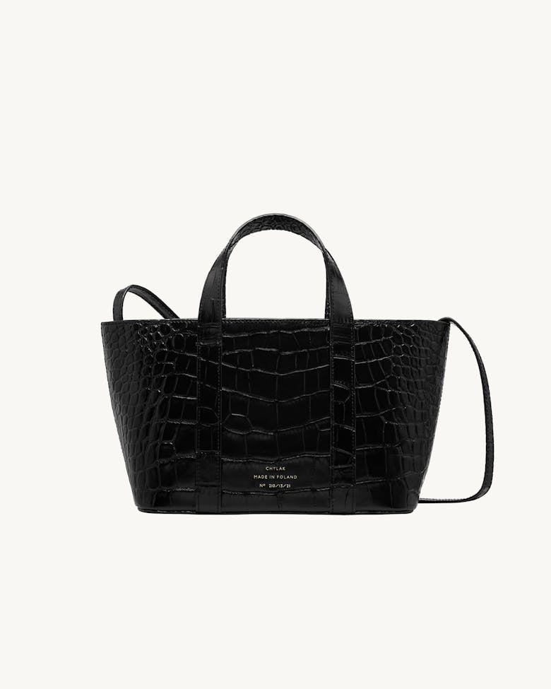 Leather Boat Tote Bag “glossy black crocodile”