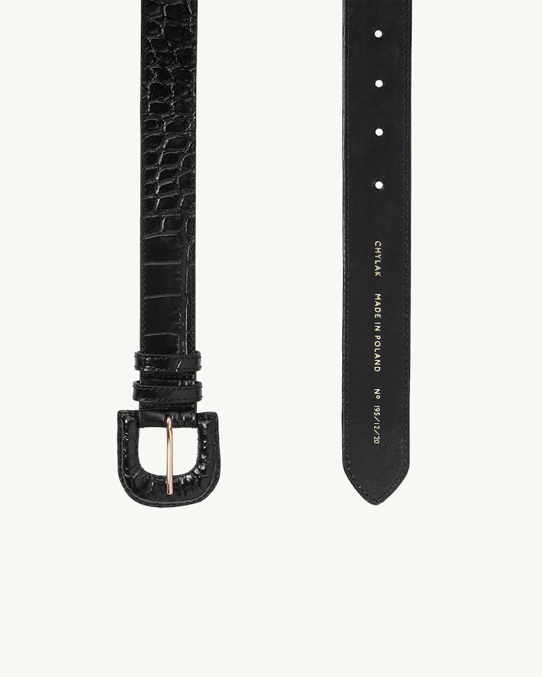 Leather Buckle Belt “glossy black crocodile” 
