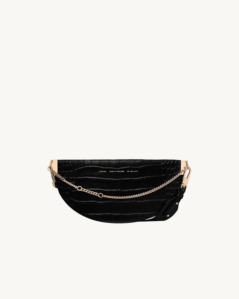 Wide Saddle Bag “glossy black crocodile”