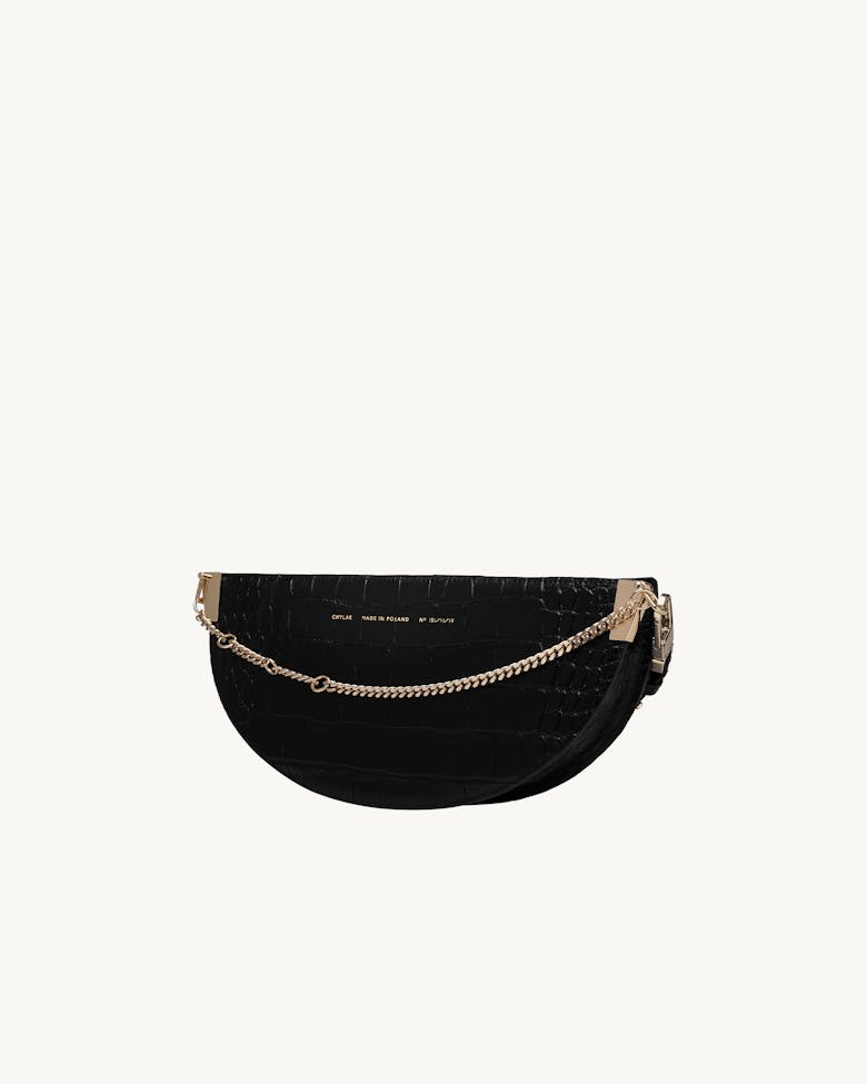 Wide Saddle Bag “glossy black crocodile”