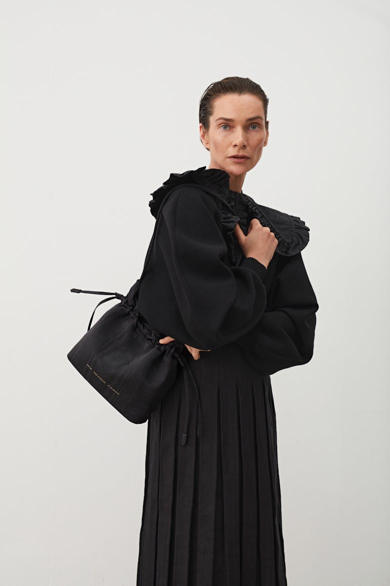 Soft Drawstring Bucket Bag Moiré Black