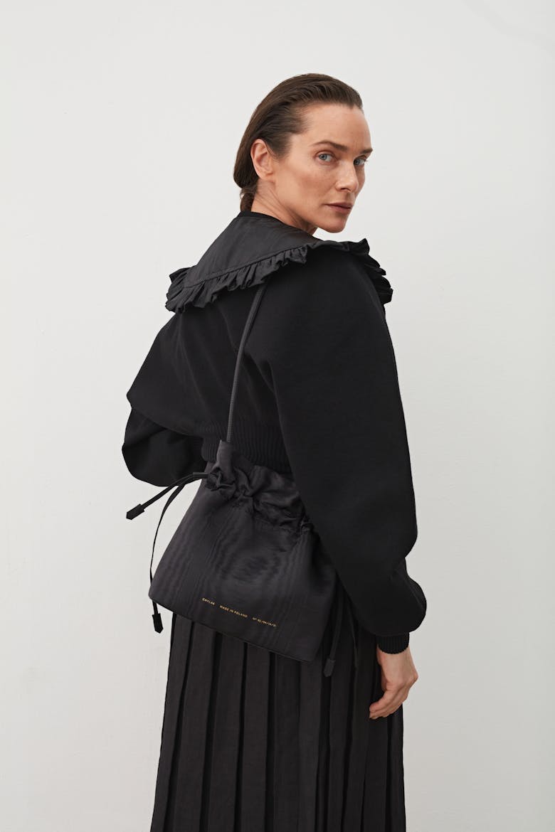 Soft Drawstring Bucket Bag Moiré Black