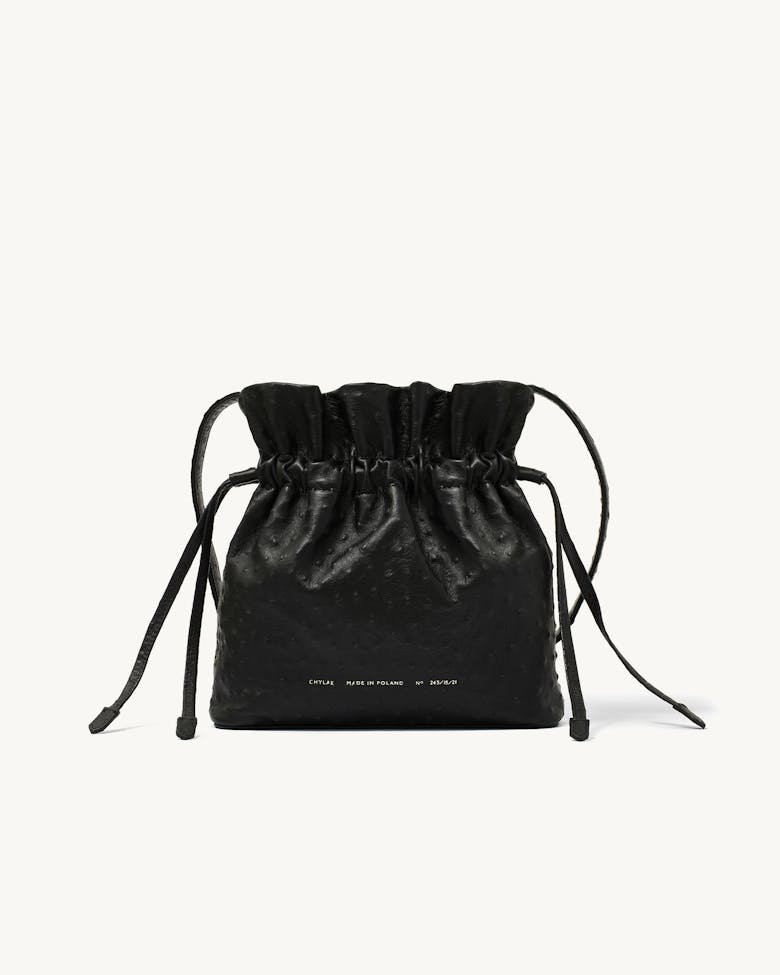 Soft Drawstring Bucket Bag “black ostrich”