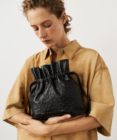 Soft Drawstring Bucket Bag “black ostrich”