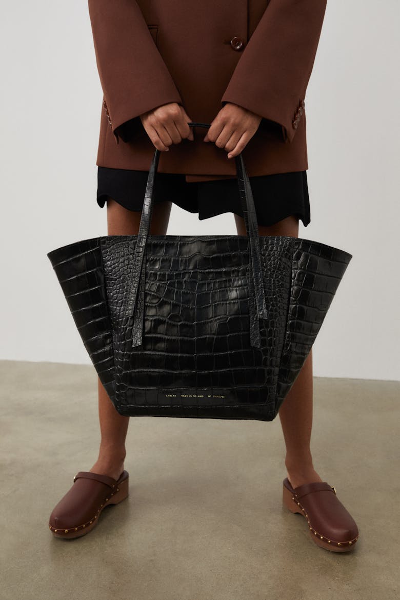 Tie Tote Bag “glossy black crocodile”