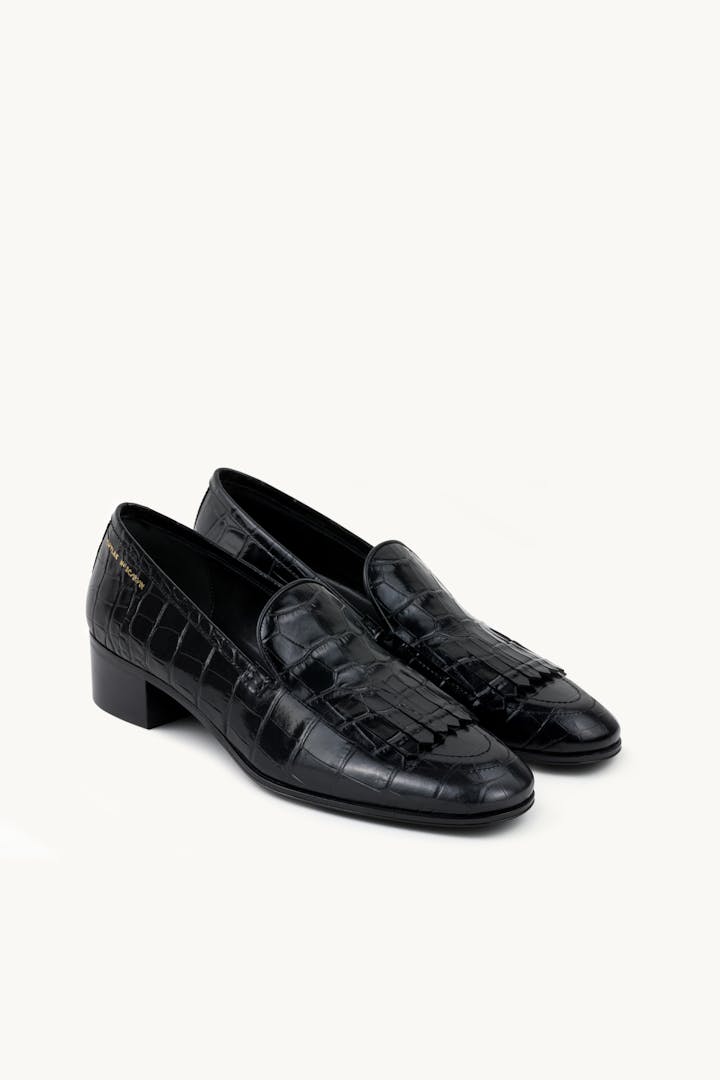 Fringe Loafers “glossy black crocodile”