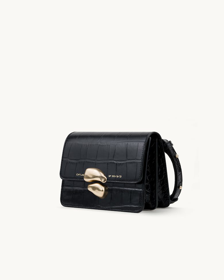 Mini Belt Bag with Sculptural Seal “glossy black crocodile”