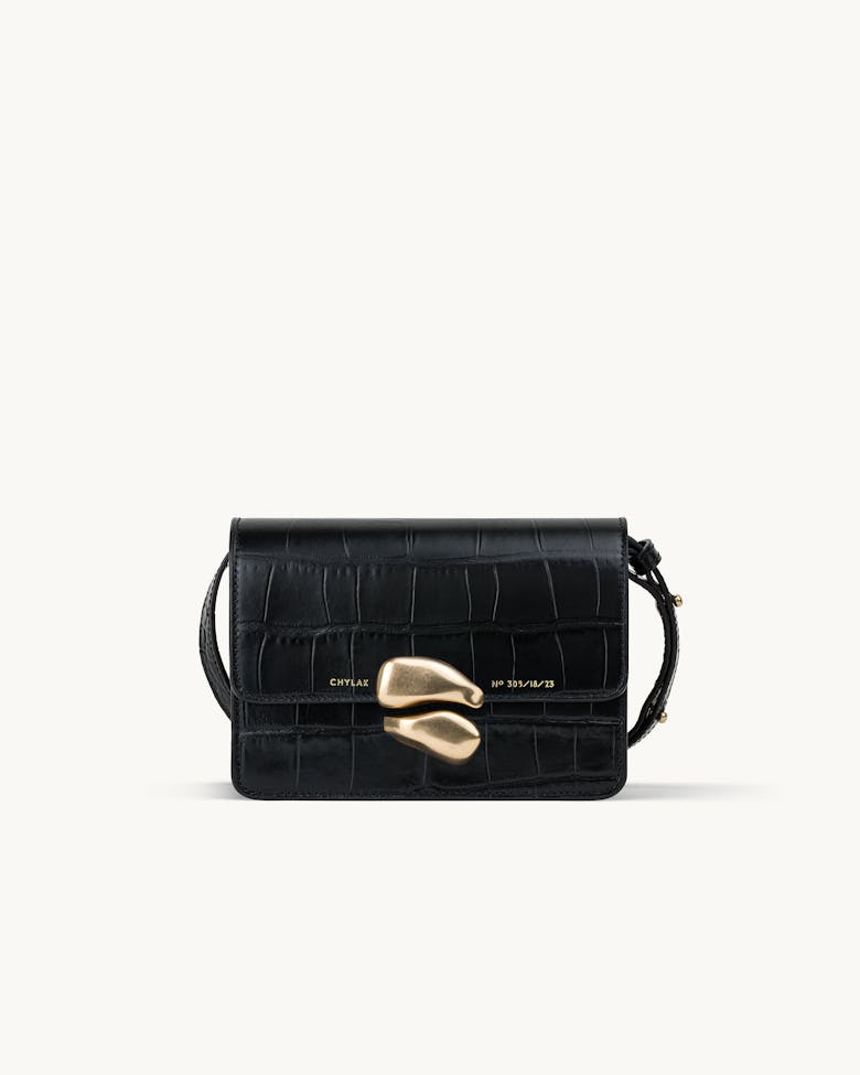 Mini Belt Bag with Sculptural Seal “glossy black crocodile”