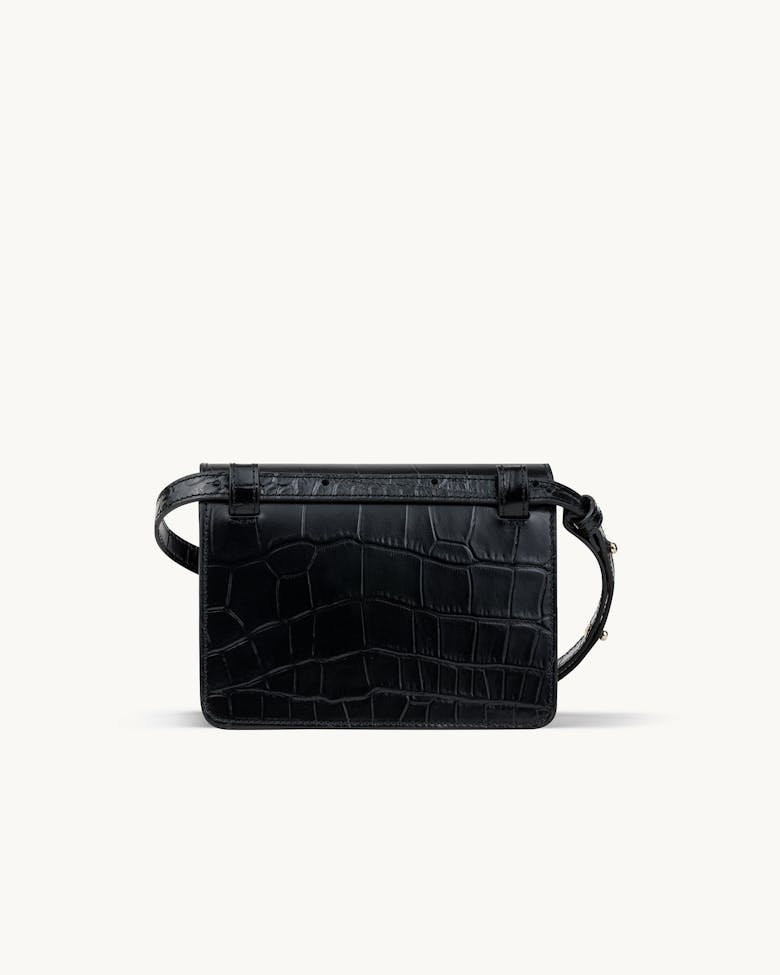 Mini Belt Bag with Sculptural Seal “glossy black crocodile”