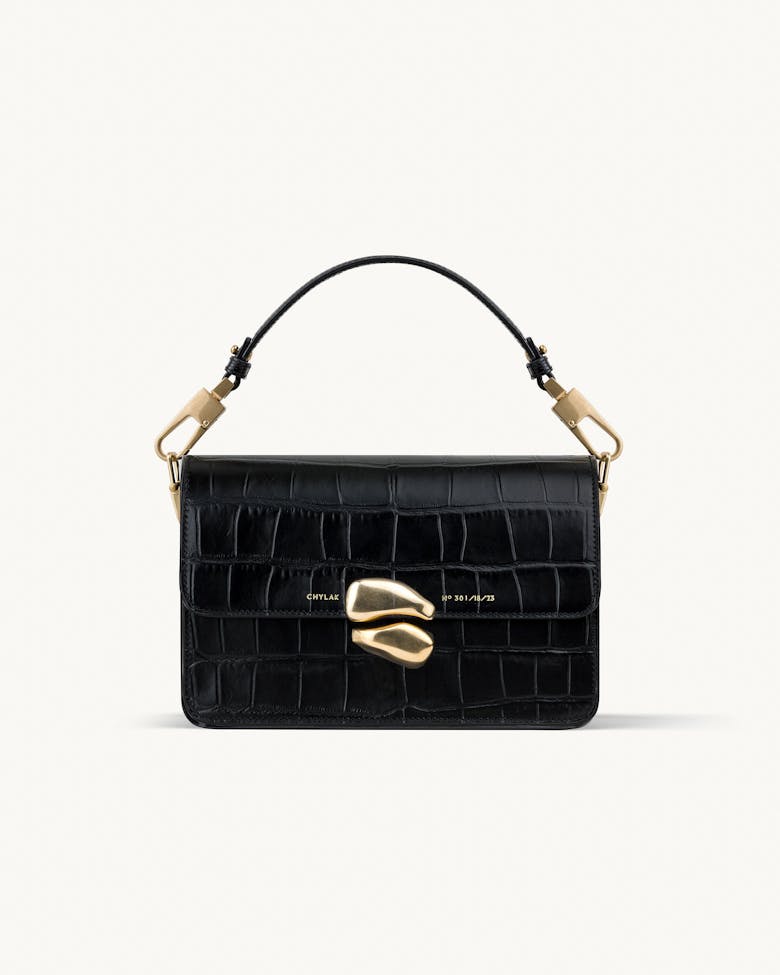 Shoulder Bag with Sculptural Seal “glossy black crocodile”