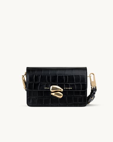 Shoulder Bag with Sculptural Seal “glossy black crocodile”