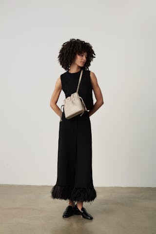 Small Soft Drawstring Bucket Bag “beige ostrich”