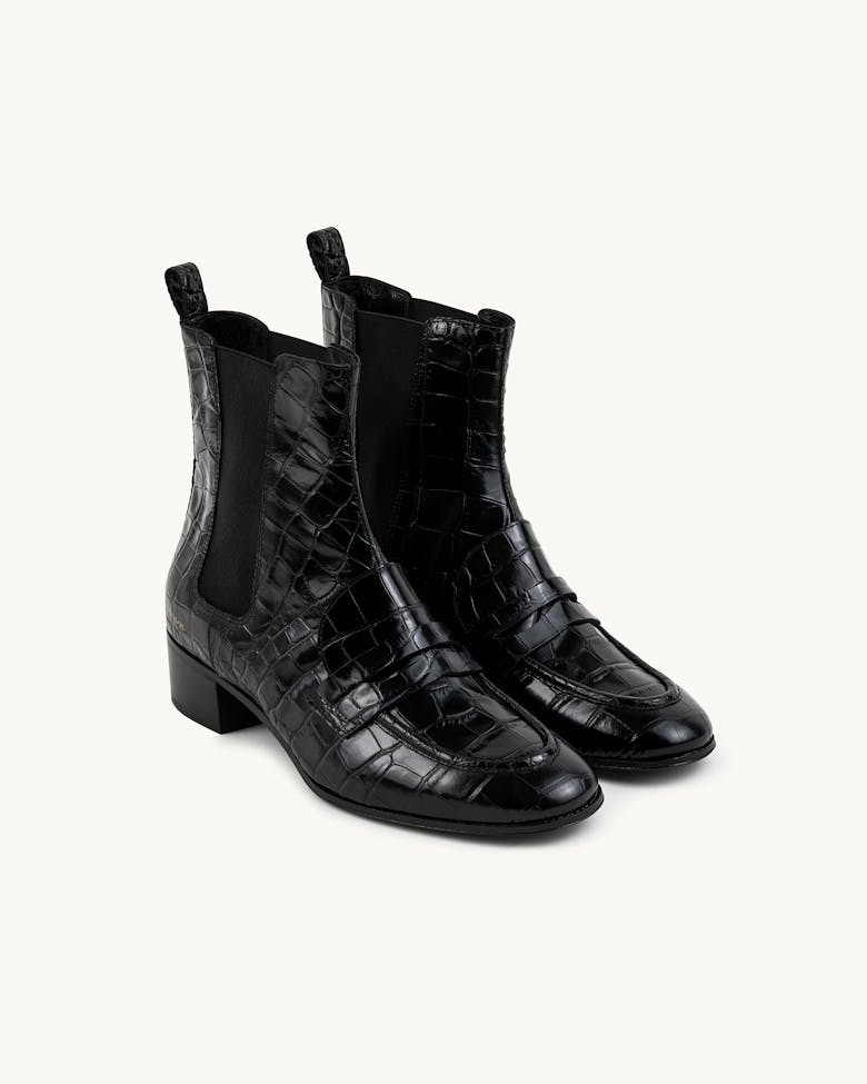 Loafer Booties “glossy black crocodile”