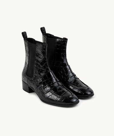 Loafer Booties “glossy black crocodile”