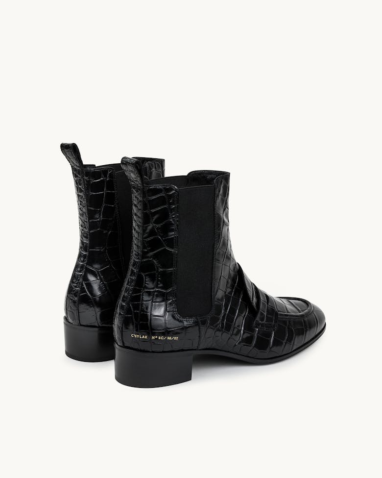 Loafer Booties “glossy black crocodile”