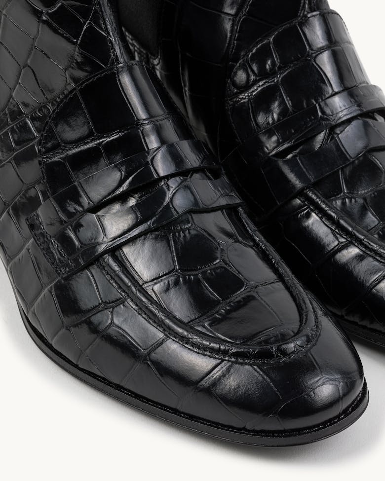 Loafer Booties “glossy black crocodile”