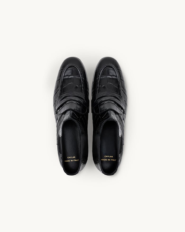 Loafer Booties “glossy black crocodile”