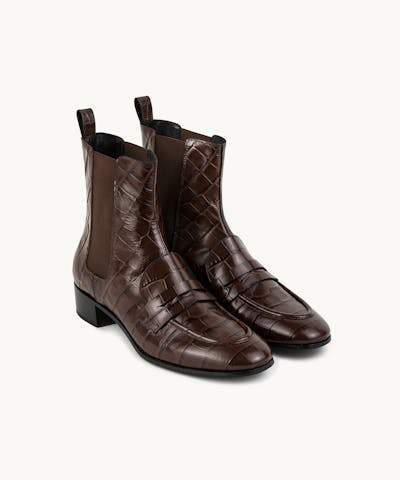 Loafer Booties “glossy brown crocodile”