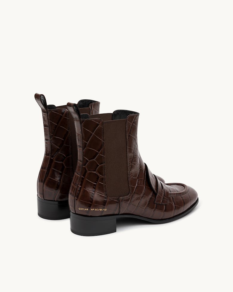 Loafer Booties “glossy brown crocodile”
