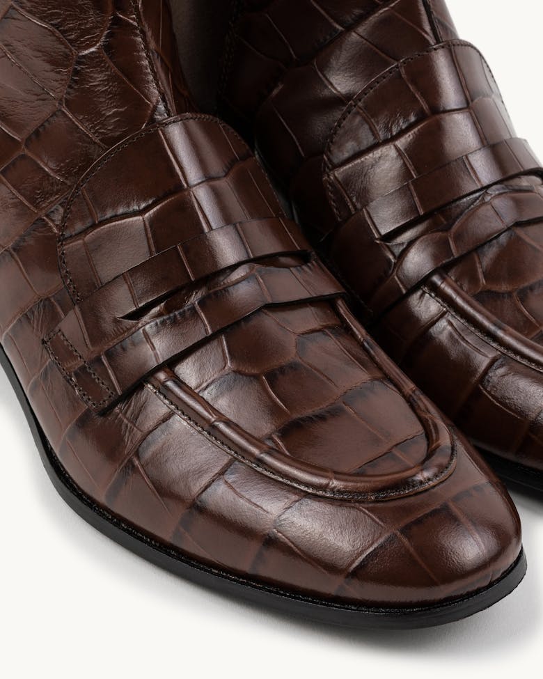 Loafer Booties “glossy brown crocodile”