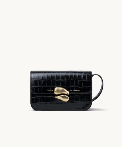 Flap Bag with Sculptural Seal “glossy black crococdile”
