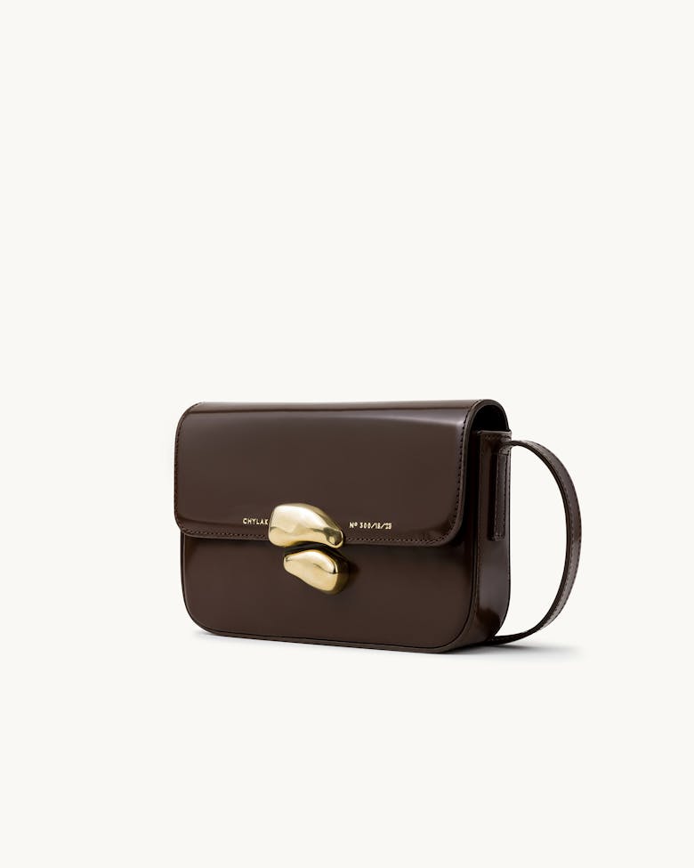 Flap Bag with Sculptural Seal “glossy brown”