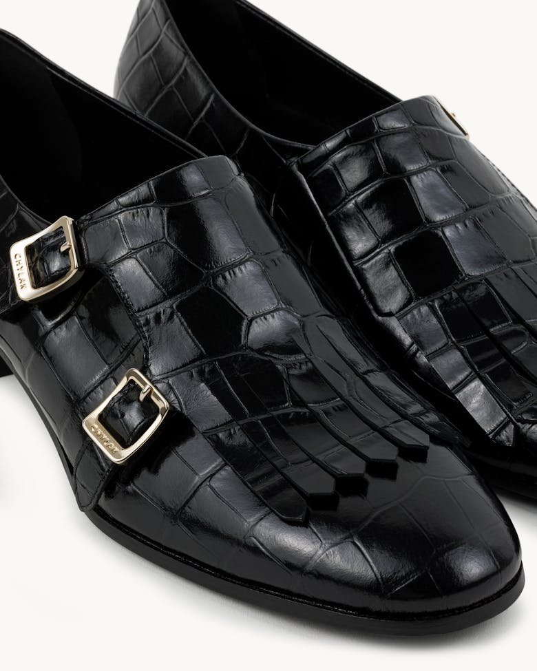 Monk Shoes “glossy black crocodile”