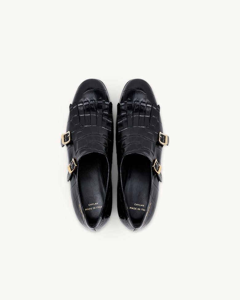 Monk Shoes “glossy black crocodile”