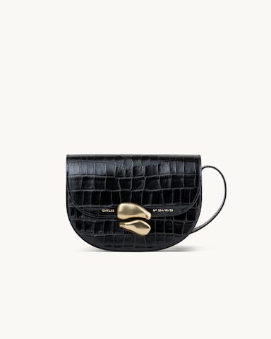 Saddle Bag with Sculptural Seal “glossy black crocodile”