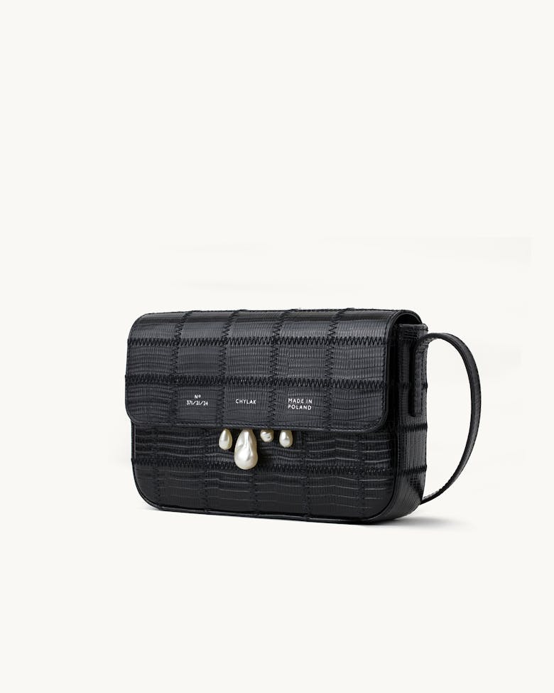 Classic Flap Bag with Pearls “black lizard”