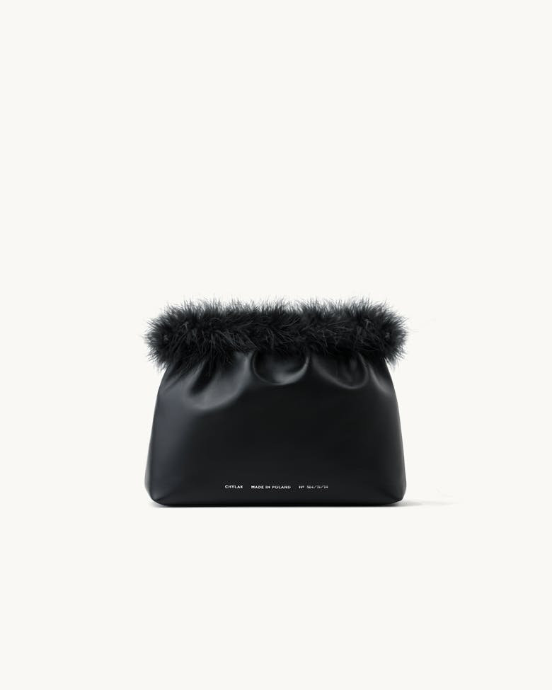 Ruched Bag with Feathers Black