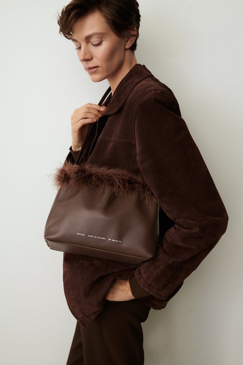 Ruched Bag with Feathers Brown