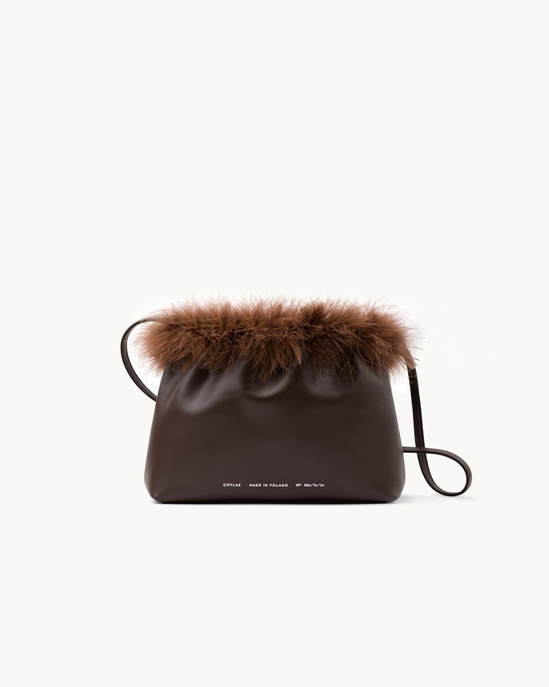 Ruched Bag with Feathers Brown