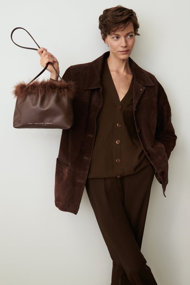 Ruched Bag with Feathers Brown